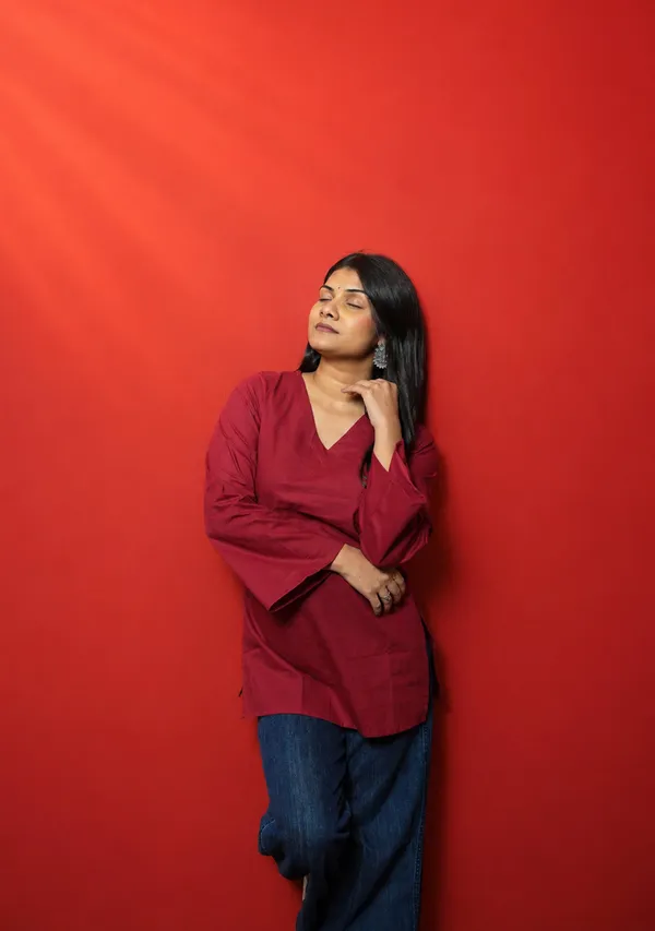 Rangini_Red_Bell_Sleeve_Cotton_Short_Kurti_Red_Cotton