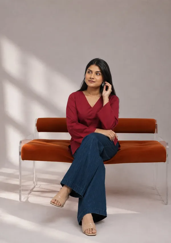 Rangini_Red_Bell_Sleeve_Cotton_Short_Kurti_Red_Cotton