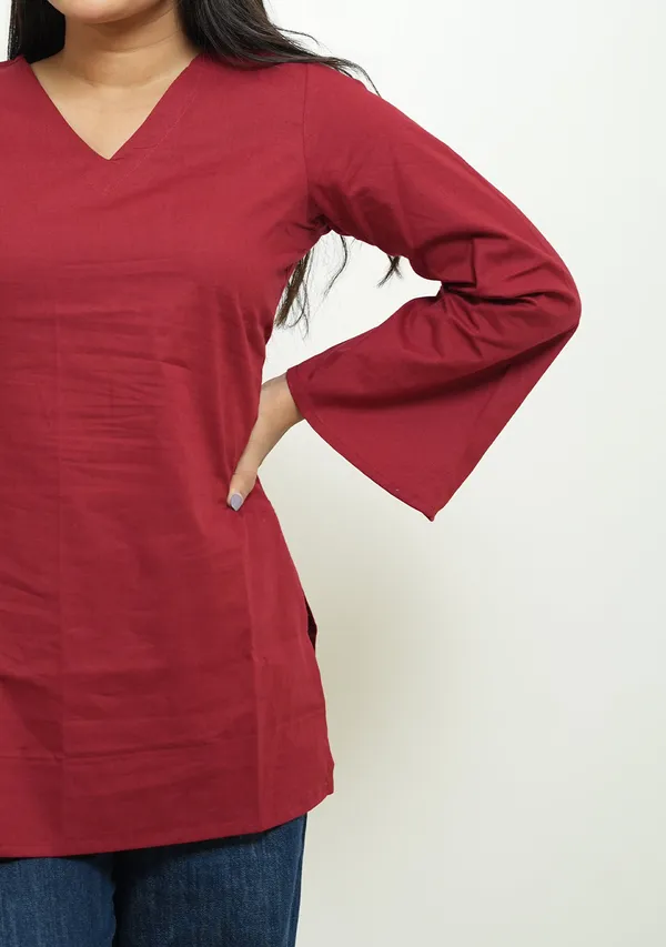 Rangini_Red_Bell_Sleeve_Cotton_Short_Kurti_Red_Cotton