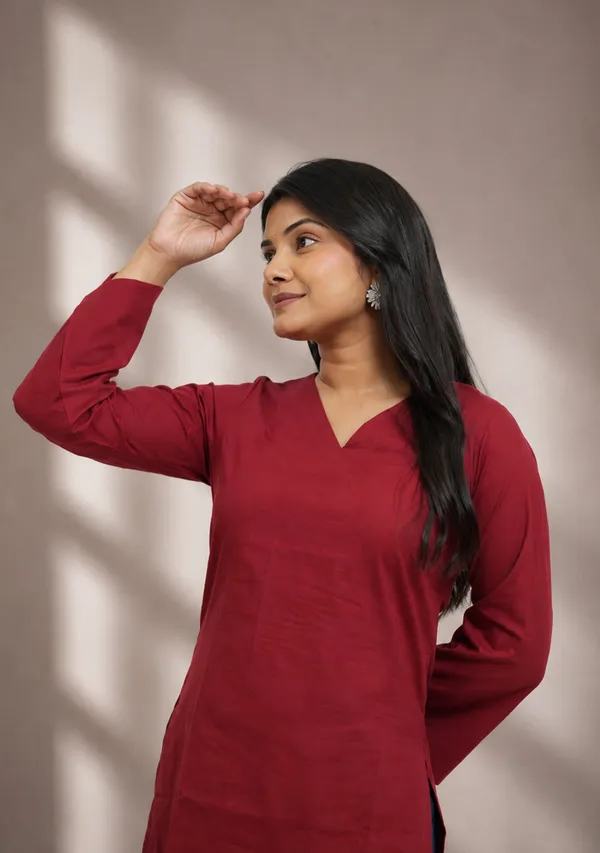 Rangini_Red_Bell_Sleeve_Cotton_Short_Kurti_Red_Cotton