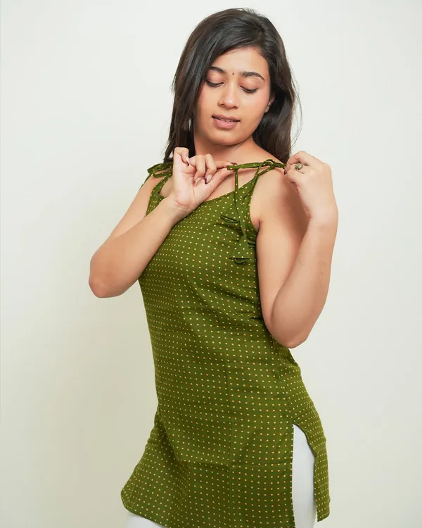 Mehira_Olive_Tie_Shoulder_Polka_Dot_Short_Kurti_Olive_Green_Cotton