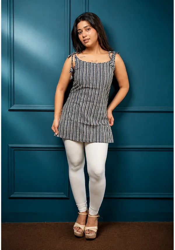 Mehira_Indigo_Printed_Tie_Shoulder_Short_Kurti_Deep_Indigo_Navy_Blue_Cotton