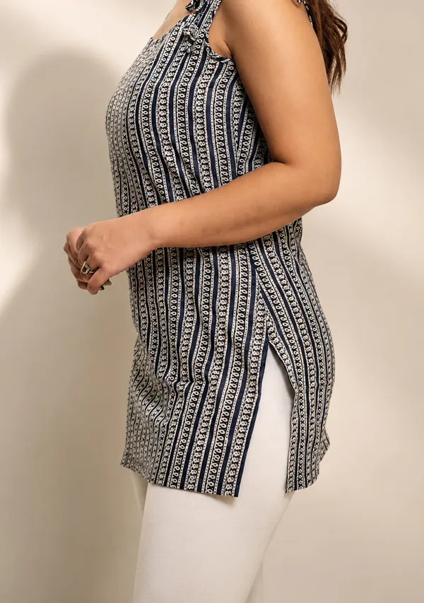Mehira_Indigo_Printed_Tie_Shoulder_Short_Kurti_Deep_Indigo_Navy_Blue_Cotton