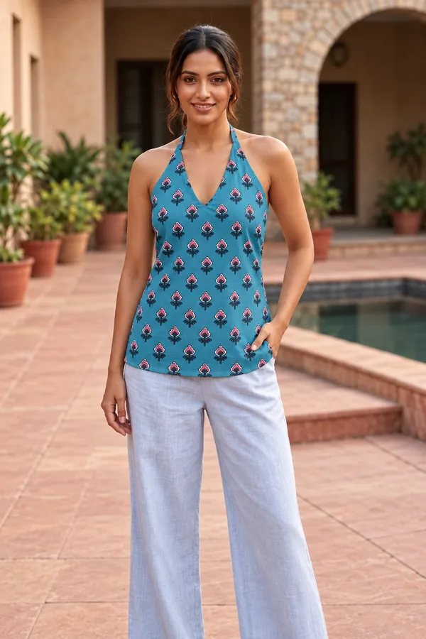 Teal_Printed_Halter_Neck_Top_for_Women