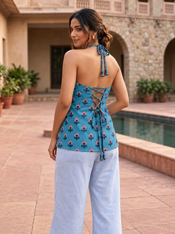 Teal_Printed_Halter_Neck_Top_for_Women