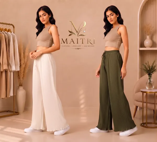 Off_White_And_Olive_Green_Lycra_Pleated_Trouser_For_Women_(Pack_Of_2)