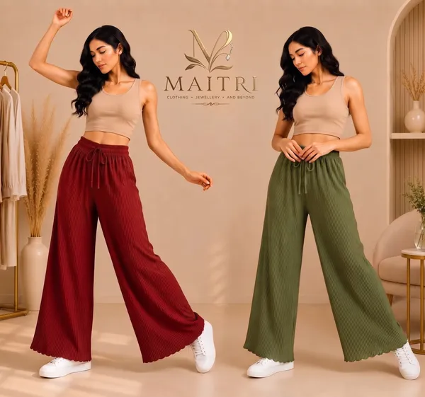 Red_And_Olive_Green_Lycra_Pleated_Trouser_For_Women_(Pack_Of_2)