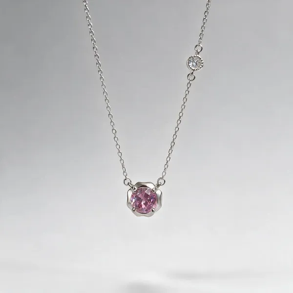Silver_925_Pink_Faceted_Round_Pendant_Necklace_For_Women
