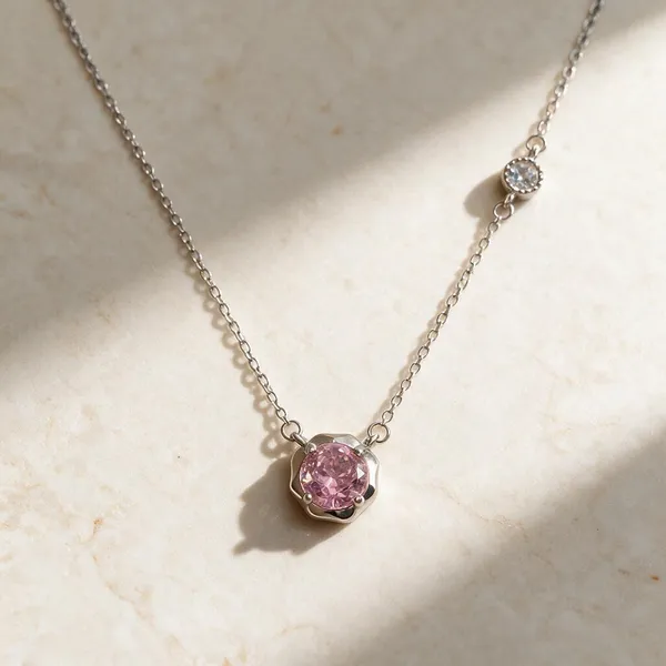 Silver_925_Pink_Faceted_Round_Pendant_Necklace_For_Women