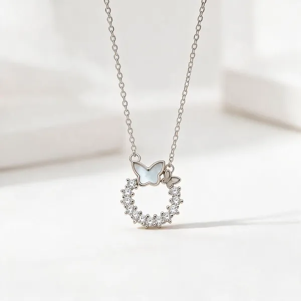 Silver_925_Butterfly_Circular_Pendant_Necklace_For_Women