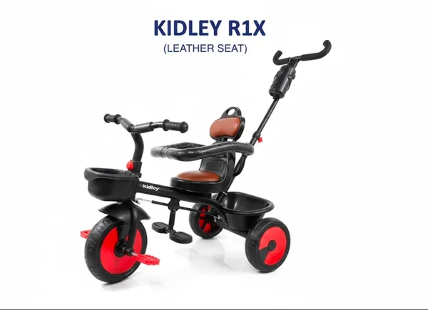 Black_And_Red_Push_Handle_Tricycle_With_Leather_Seat