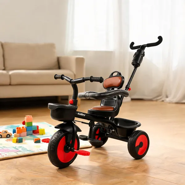 Black_Red_Plastic-Metal_Push_Handle_Tricycle_With_Leather_Seat_For_Kids