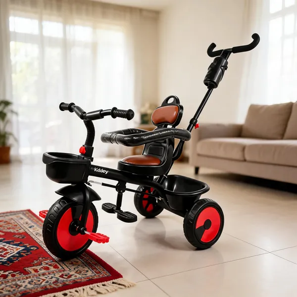 Black_Red_Plastic-Metal_Push_Handle_Tricycle_With_Leather_Seat_For_Kids