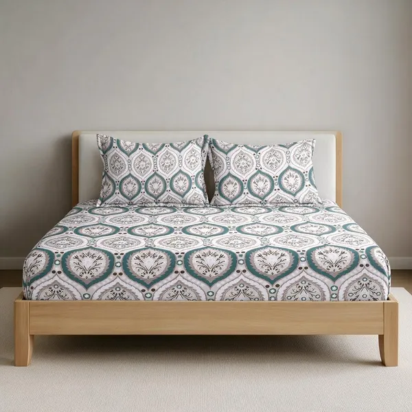 White_And_Green_Premium_Cotton_Bedsheets_With_Pillow_Covers