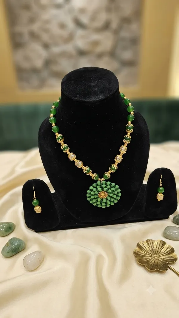 Green_Beaded_Gold_Tone_Floral_Necklace_Set_For_Women