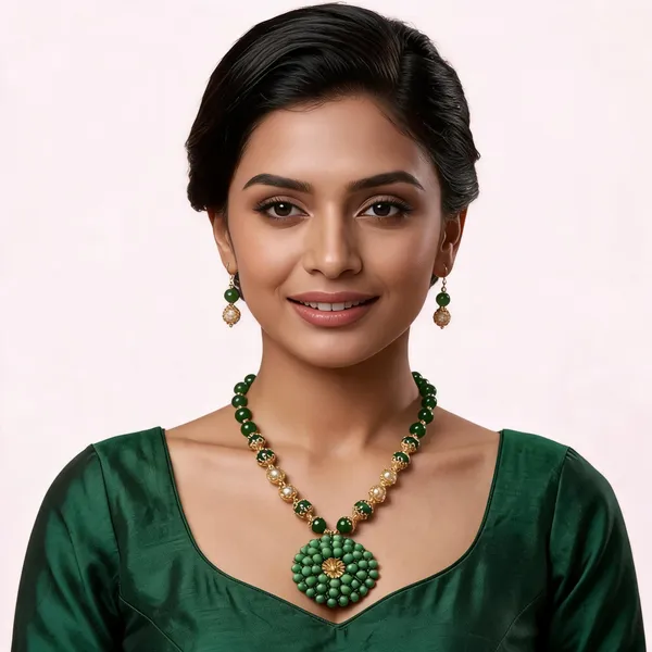 Green_Beaded_Gold_Tone_Floral_Necklace_Set_For_Women