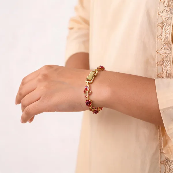 Gold_Red_Stone_Stainless_Steel_Floral_Bracelet_For_Women
