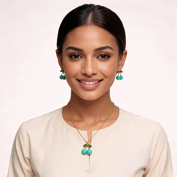 Gold_Turquoise_Stainless_Steel_Cherry_Pendant_Necklace_Earrings_Set_For_Women