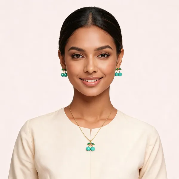 Gold_Turquoise_Stainless_Steel_Cherry_Pendant_Necklace_Earrings_Set_For_Women
