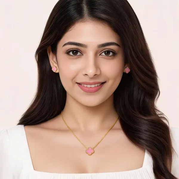 Gold_Pink_Stainless_Steel_Floral_Necklace_Earrings_Set_For_Women