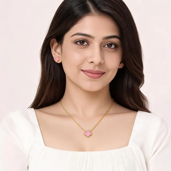 Gold_Pink_Stainless_Steel_Floral_Necklace_Earrings_Set_For_Women