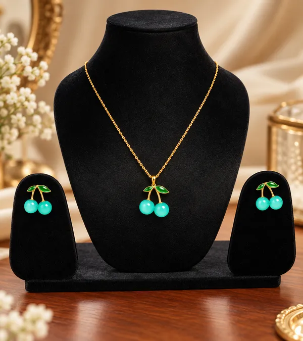 Gold_Turquoise_Stainless_Steel_Cherry_Pendant_Necklace_Earrings_Set_For_Women