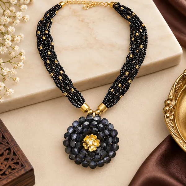 Black_Stone_Thread_Multi-Strand_Beaded_Statement_Necklace_For_Women