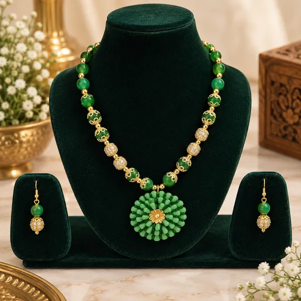 Green_Beaded_Gold_Tone_Floral_Necklace_Set_For_Women