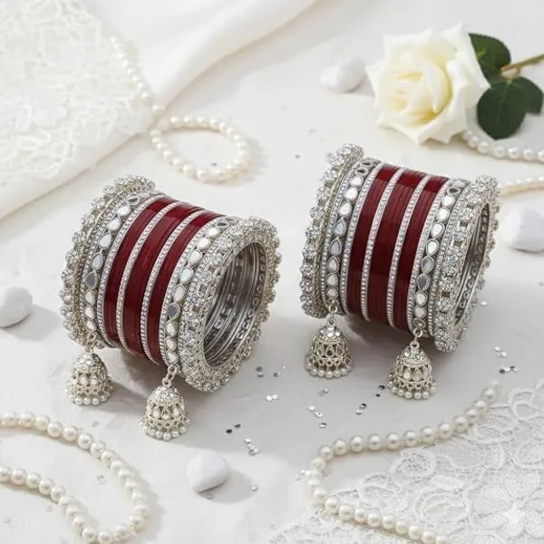 Maroon_Silver_Tone_Plastic_Metal_Embellished_Bridal_Chooda_Set_For_Women