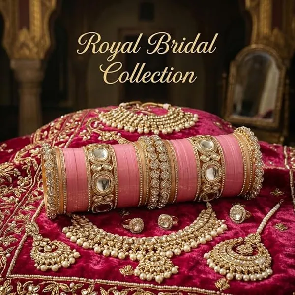 Pink_Gold_Tone_Plastic_Metal_Embellished_Bridal_Bangle_Set_For_Women