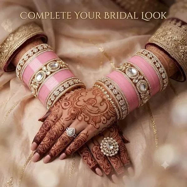 Pink_Gold_Tone_Plastic_Metal_Embellished_Bridal_Bangle_Set_For_Women