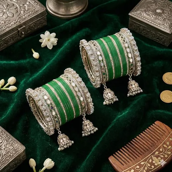 Green_Plastic_Metal_Jhumka_Charm_Embellished_Bangle_Set_For_Women