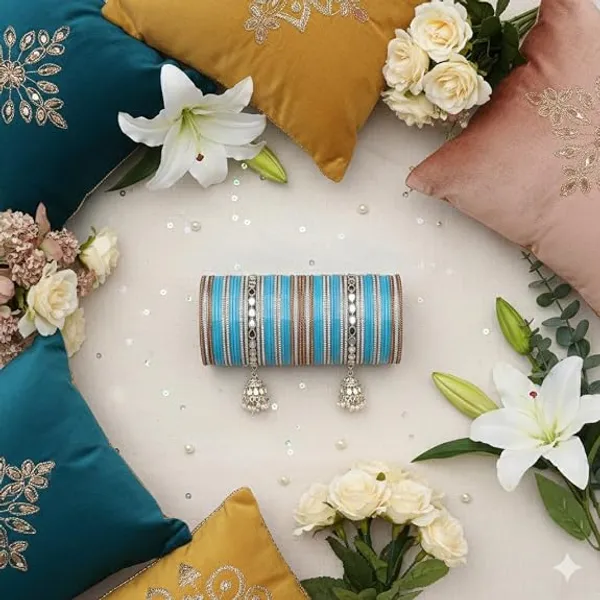 Turquoise_Silver_Gold_Plastic_Metal_Jhumka_Charm_Bangle_Set_For_Women