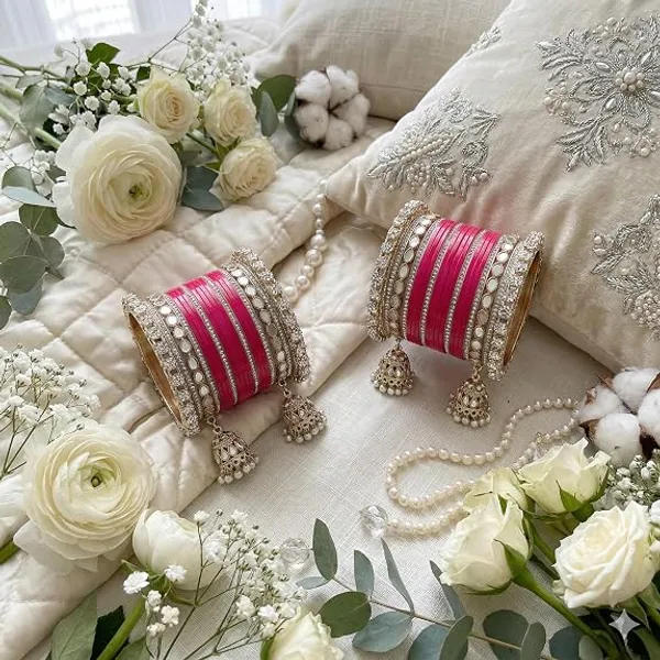 Pink_Silver_Tone_Plastic_Metal_Embellished_Bridal_Bangle_Set_For_Women