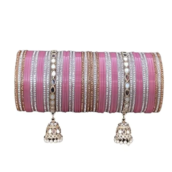 Pink_Plastic_Metal_Jhumka_Charm_Embellished_Bangle_Set_For_Women