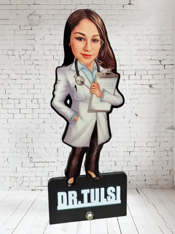 Customized_2D_Wooden_Caricature_with_Acrylic_Name_|_7_Inch_Personalized_Profession_Gift_for_Men_&_Women_|_Double_Layer_MDF_Standee_with_Glossy_Finish_|_Custom_Doctor_Caricature