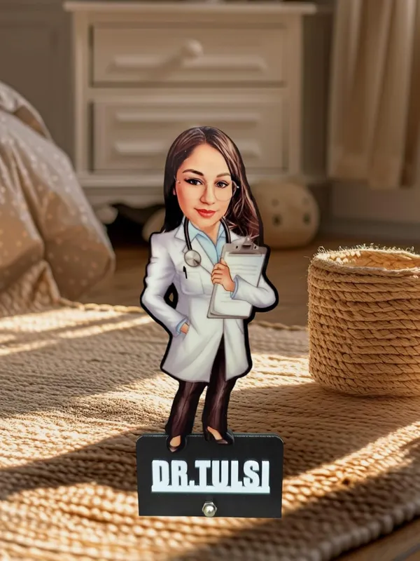 Customized_2D_Wooden_Caricature_with_Acrylic_Name_|_7_Inch_Personalized_Profession_Gift_for_Men_&_Women_|_Double_Layer_MDF_Standee_with_Glossy_Finish_|_Custom_Doctor_Caricature