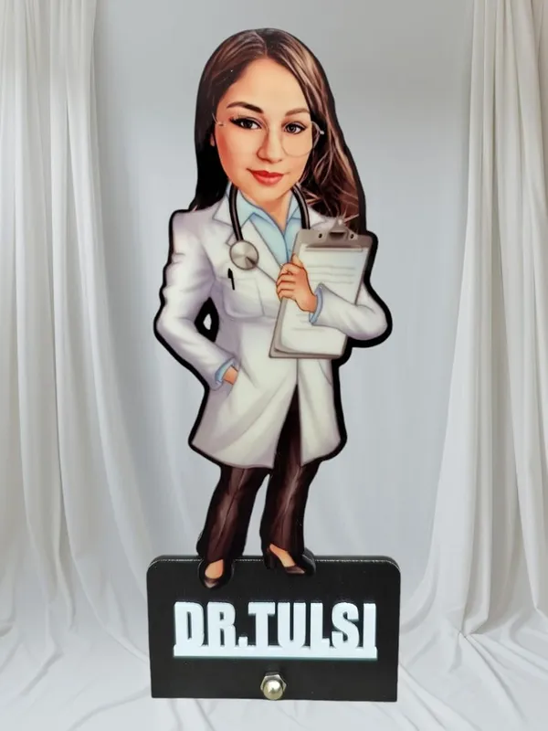 Customized_2D_Wooden_Caricature_with_Acrylic_Name_|_7_Inch_Personalized_Profession_Gift_for_Men_&_Women_|_Double_Layer_MDF_Standee_with_Glossy_Finish_|_Custom_Doctor_Caricature