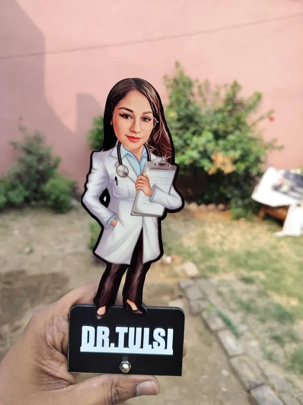 Customized_2D_Wooden_Caricature_with_Acrylic_Name_|_7_Inch_Personalized_Profession_Gift_for_Men_&_Women_|_Double_Layer_MDF_Standee_with_Glossy_Finish_|_Custom_Doctor_Caricature