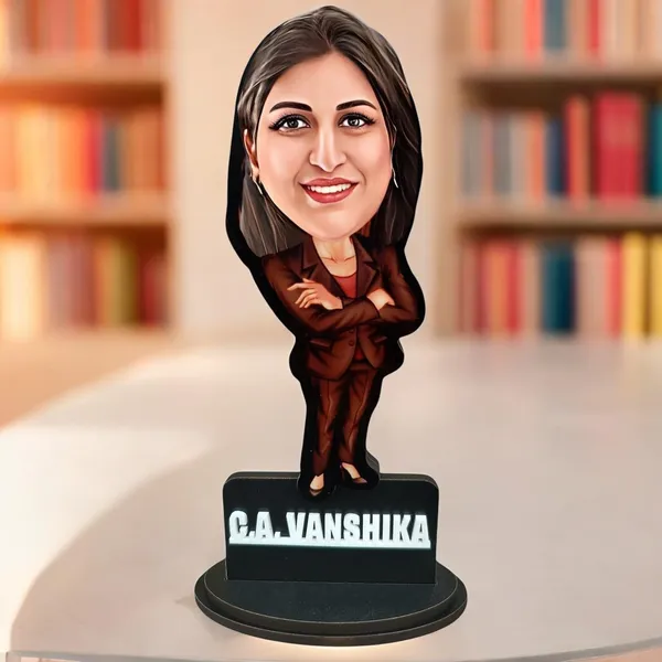 Personalized_Girl_Caricature_in_corporate_dress,_7_Inch_Custom_2D_Wooden_Figurine_with_Stand_&_Acrylic_Nameplate,_Double_Layer_Glossy_Laminated_MDF_Gift_for_Women_&_Girls,_Any_Dress_&_Profession