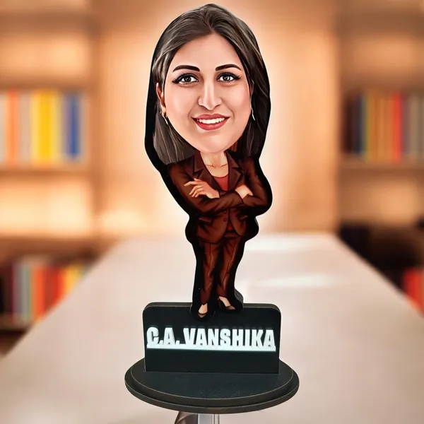 Personalized_Girl_Caricature_in_corporate_dress,_7_Inch_Custom_2D_Wooden_Figurine_with_Stand_&_Acrylic_Nameplate,_Double_Layer_Glossy_Laminated_MDF_Gift_for_Women_&_Girls,_Any_Dress_&_Profession