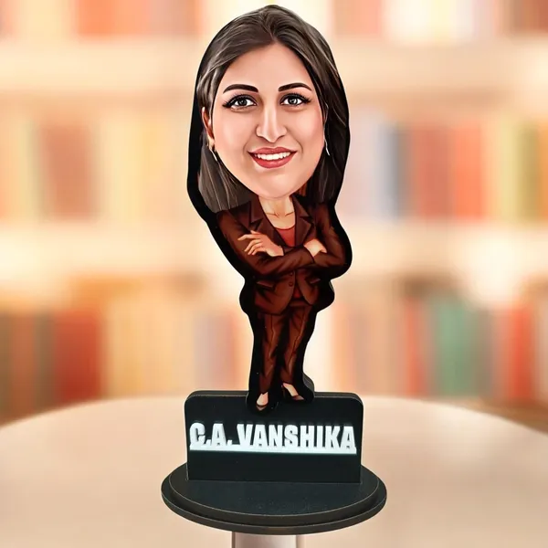 Personalized_Girl_Caricature_in_corporate_dress,_7_Inch_Custom_2D_Wooden_Figurine_with_Stand_&_Acrylic_Nameplate,_Double_Layer_Glossy_Laminated_MDF_Gift_for_Women_&_Girls,_Any_Dress_&_Profession