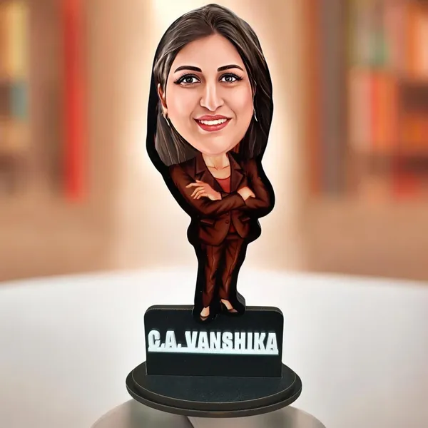 Personalized_Girl_Caricature_in_corporate_dress,_7_Inch_Custom_2D_Wooden_Figurine_with_Stand_&_Acrylic_Nameplate,_Double_Layer_Glossy_Laminated_MDF_Gift_for_Women_&_Girls,_Any_Dress_&_Profession