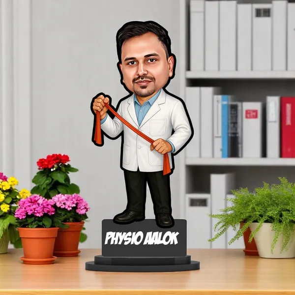 Personalized_Physiotherapist_Caricature_Gift_for_Men_&_Women,_Custom_2D_Wooden_Standee_with_Acrylic_Name,_Double_Layer_Laminated_MDF_Glossy_Finish_Desk_Décor