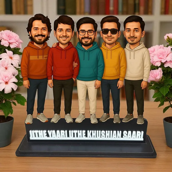 Personalized_Group_of_5_Friends_Caricature_Cutout_with_Custom_Acrylic_Name_|_Custom_2D_MDF_Best_Friends_Gift_for_Men_&_Women_|_Glossy_Double-Layer_Laminated_MDF_with_Stand