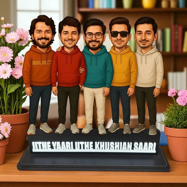 Personalized_Group_of_5_Friends_Caricature_Cutout_with_Custom_Acrylic_Name_|_Custom_2D_MDF_Best_Friends_Gift_for_Men_&_Women_|_Glossy_Double-Layer_Laminated_MDF_with_Stand
