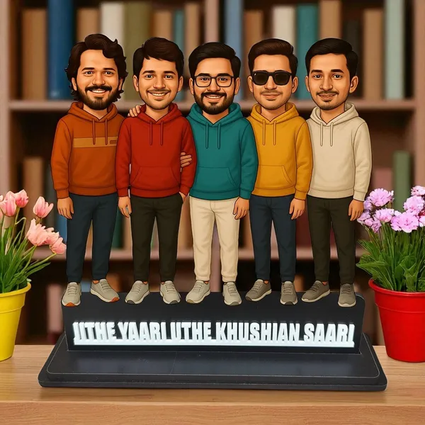 Personalized_Group_of_5_Friends_Caricature_Cutout_with_Custom_Acrylic_Name_|_Custom_2D_MDF_Best_Friends_Gift_for_Men_&_Women_|_Glossy_Double-Layer_Laminated_MDF_with_Stand