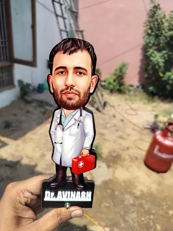Customized_2D_Wooden_Caricature_with_Acrylic_Name_|_7_Inch_Personalized_Profession_Gift_for_Men_&_Women_|_Double_Layer_MDF_Standee_with_Glossy_Finish_|_Custom_Doctor_Caricature