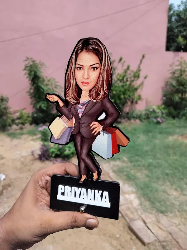 Personalized_2D_Female_Caricature_Gift_with_Acrylic_Name,_Custom_Shopping_Woman_Wooden_Standee,_Double_Layer_Laminated_MDF_Glossy_Finish_Gift_for_Men_&_Women