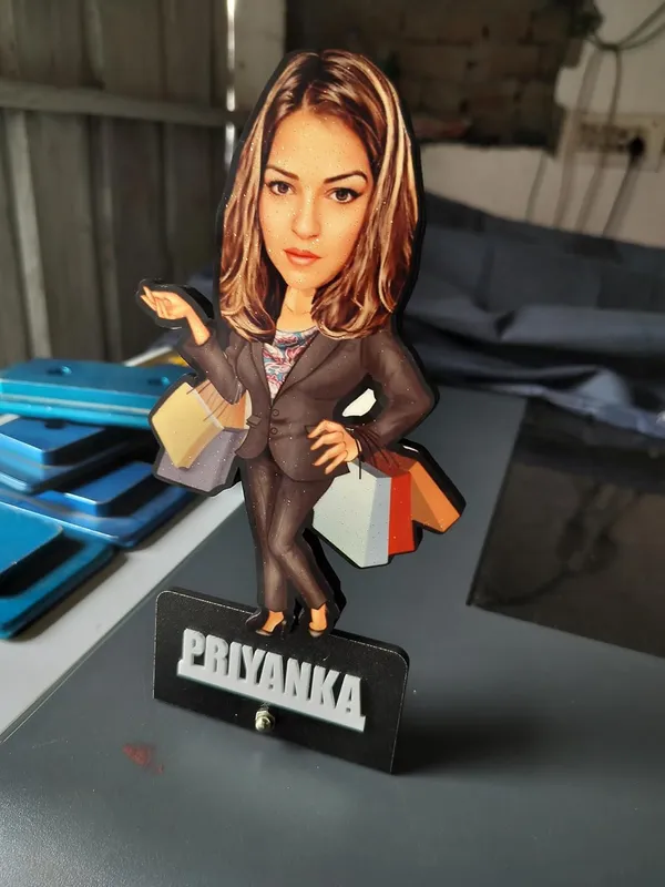 Personalized_2D_Female_Caricature_Gift_with_Acrylic_Name,_Custom_Shopping_Woman_Wooden_Standee,_Double_Layer_Laminated_MDF_Glossy_Finish_Gift_for_Men_&_Women